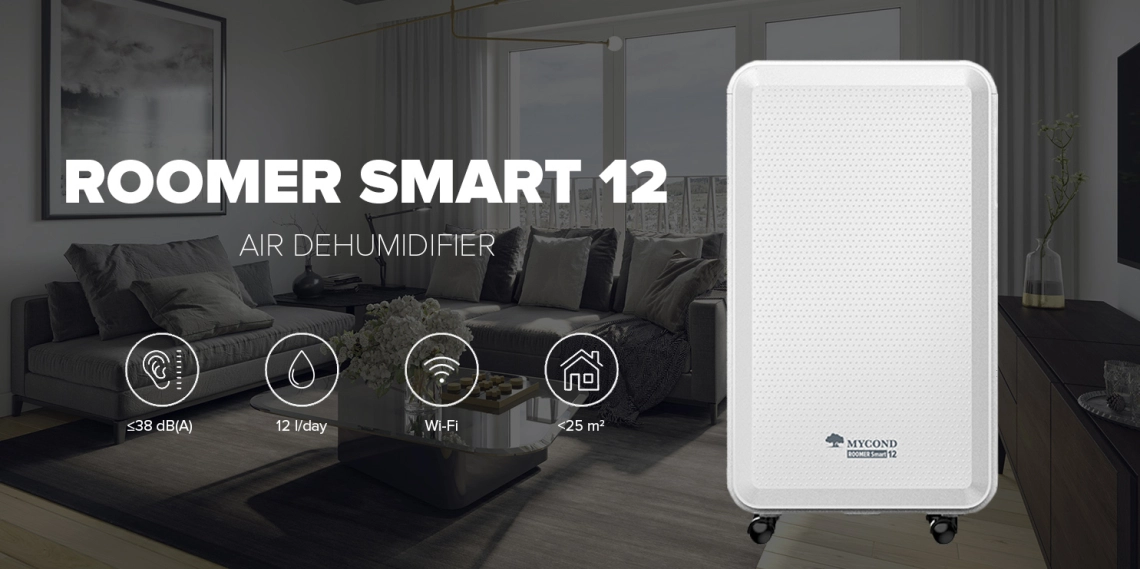 Ένας συμπαγής αφυγραντήρας MyCond Roomer Smart 12 σχεδιασμένος για οικιακή χρήση σε εσωτερικούς χώρους.